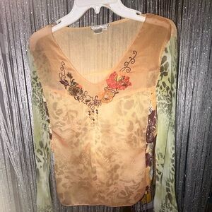 Alberto Malaki orange mesh top with a sheer design and embroidered flowers